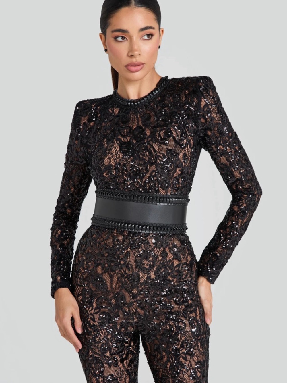NADINE MERABI Bella Black Sequin Lace Long-Sleeve Jumpsuit - Picture 4 of 5
